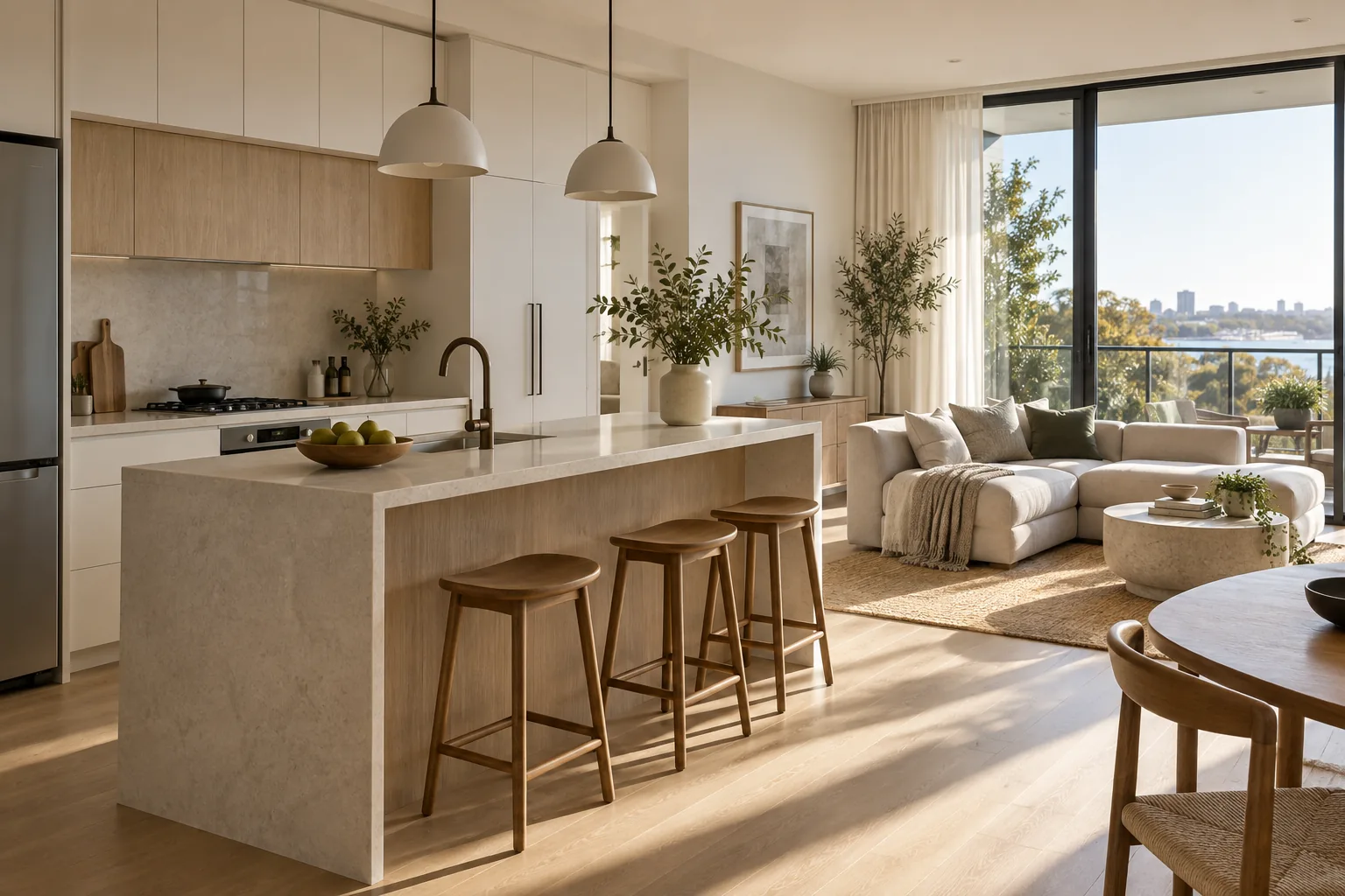Compact apartment kitchen with calm fitted storage