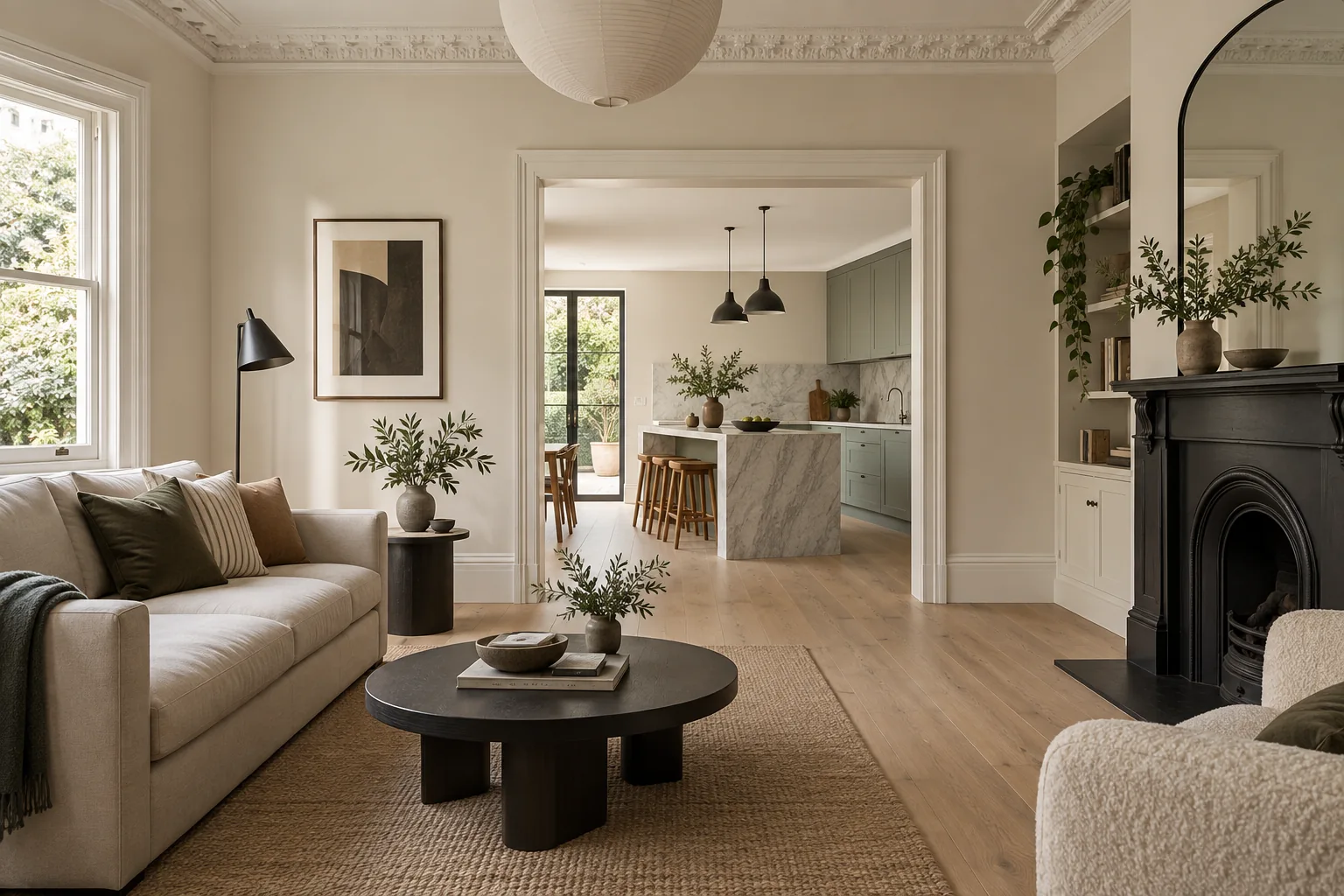 Bright family room with a view into a calm renovated kitchen
