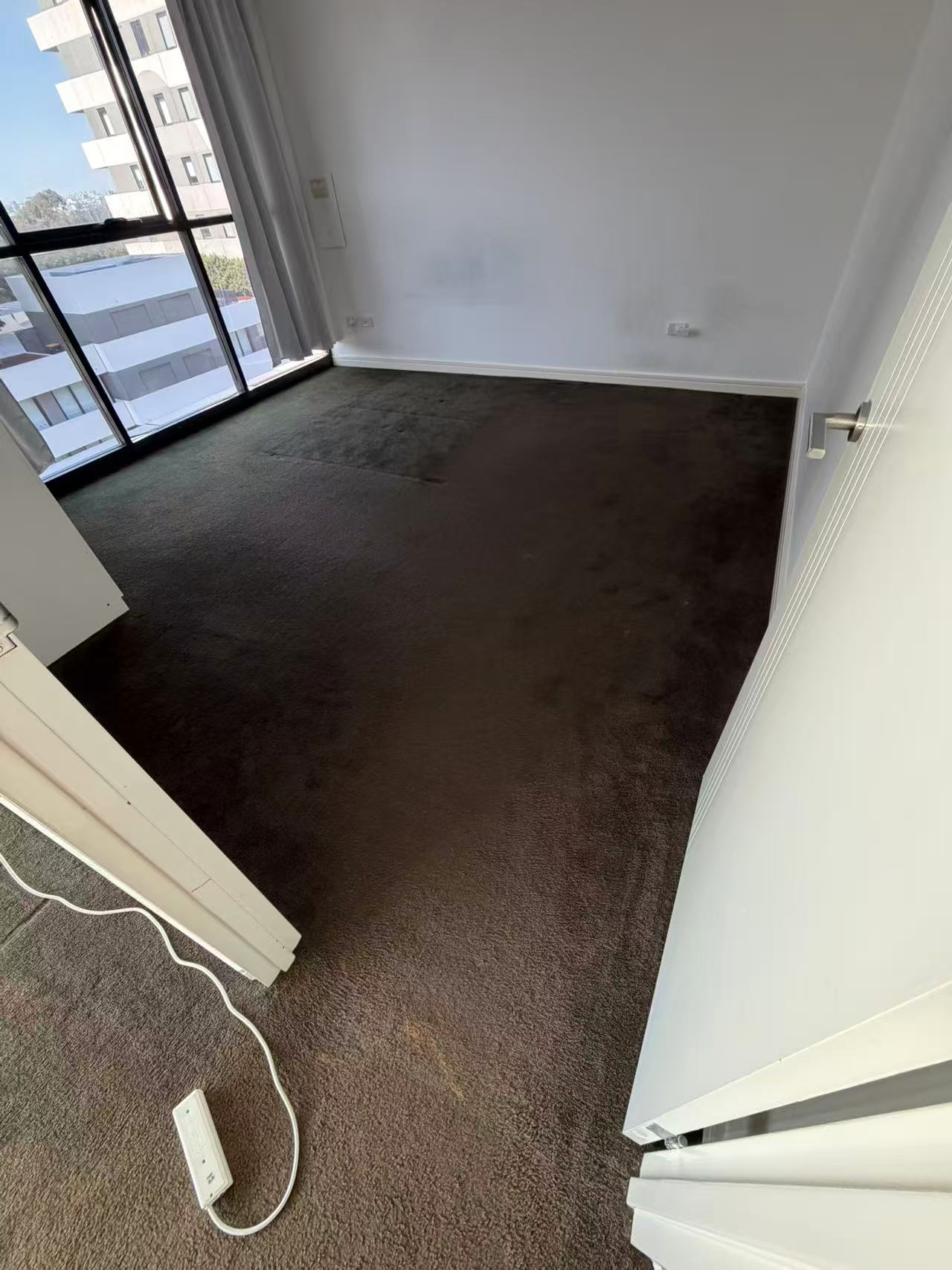 Brown carpet in a bedroom beside a full-height window