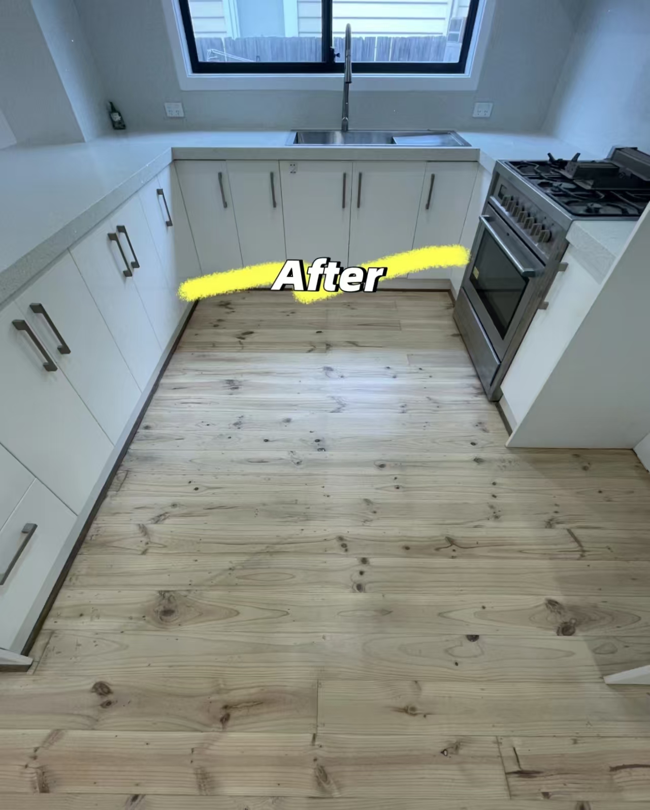 Lighter timber floor in the same kitchen after work